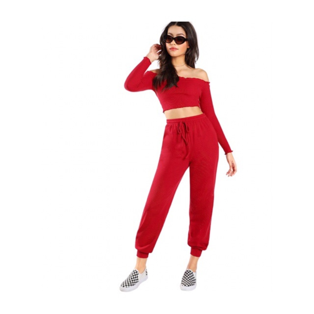 2 PIECES TUBE CROP TOP/ DRAWSTRING TERRY PANTS SET